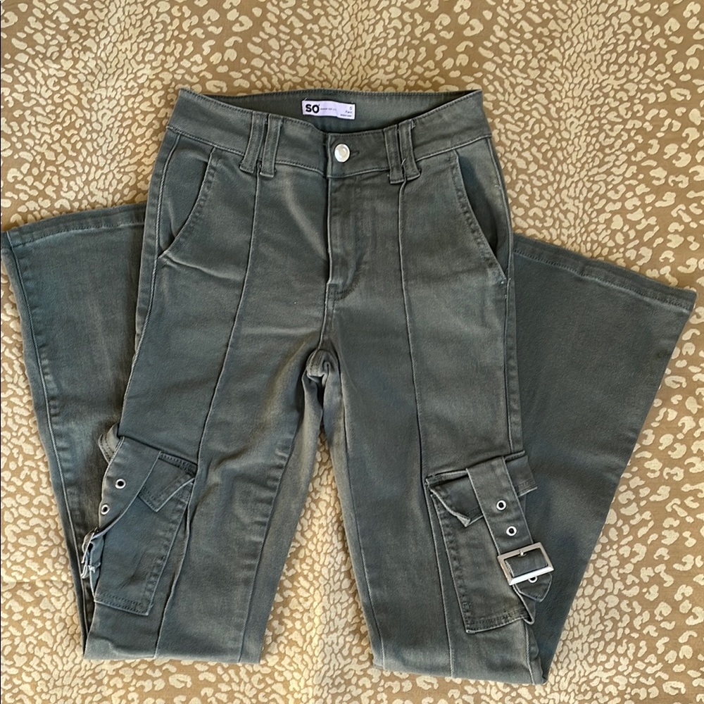 SO Army Green Flare Wide Leg Moto Style Cargo Jeans with Buckle Pockets